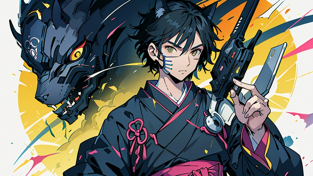 Cat Mask Black Hair male Anime Style Highest quality Japanese Delicate quality Beautiful illustrations High quality down to the last detail