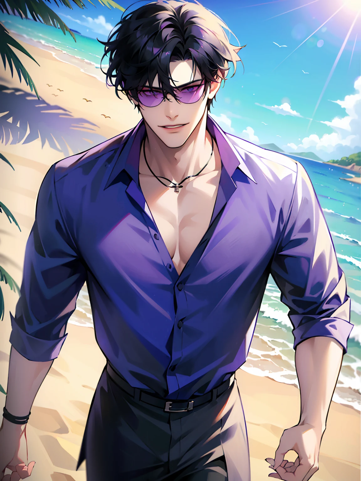 (masterpiece, 4k, high quality:1.3), 1boy, solo, short hair, black hair, asymmetrical fringe, purple eyes, handsome, sharp eyes, (mature male, mature:1.2), male focus, fashionable, open purple shirt, necklace, smile, beach, sand, boats in the background, sunshine, ((sunglasses)), windy