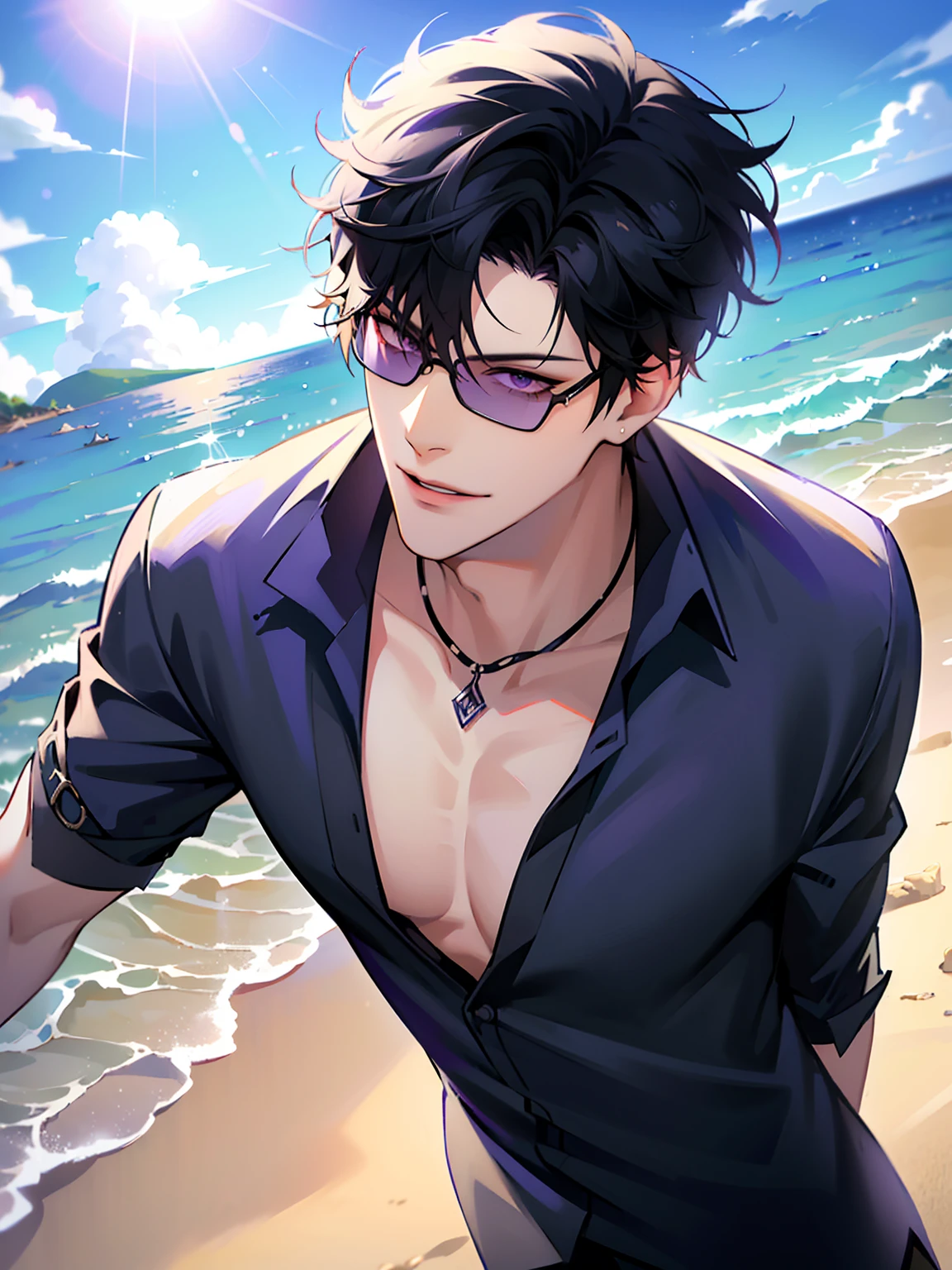 (masterpiece, 4k, high quality:1.3), 1boy, solo, short hair, black hair, asymmetrical fringe, purple eyes, handsome, sharp eyes, (mature male, mature:1.2), male focus, fashionable, open purple shirt, necklace, smile, beach, sand, boats in the background, sunshine, ((sunglasses)), windy