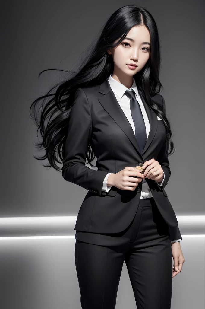 a girl with long, straight black hair, half-wavy at the ends, dressed in a business suit holding a medium-sized Bitcoin coin and on an investment-themed background
