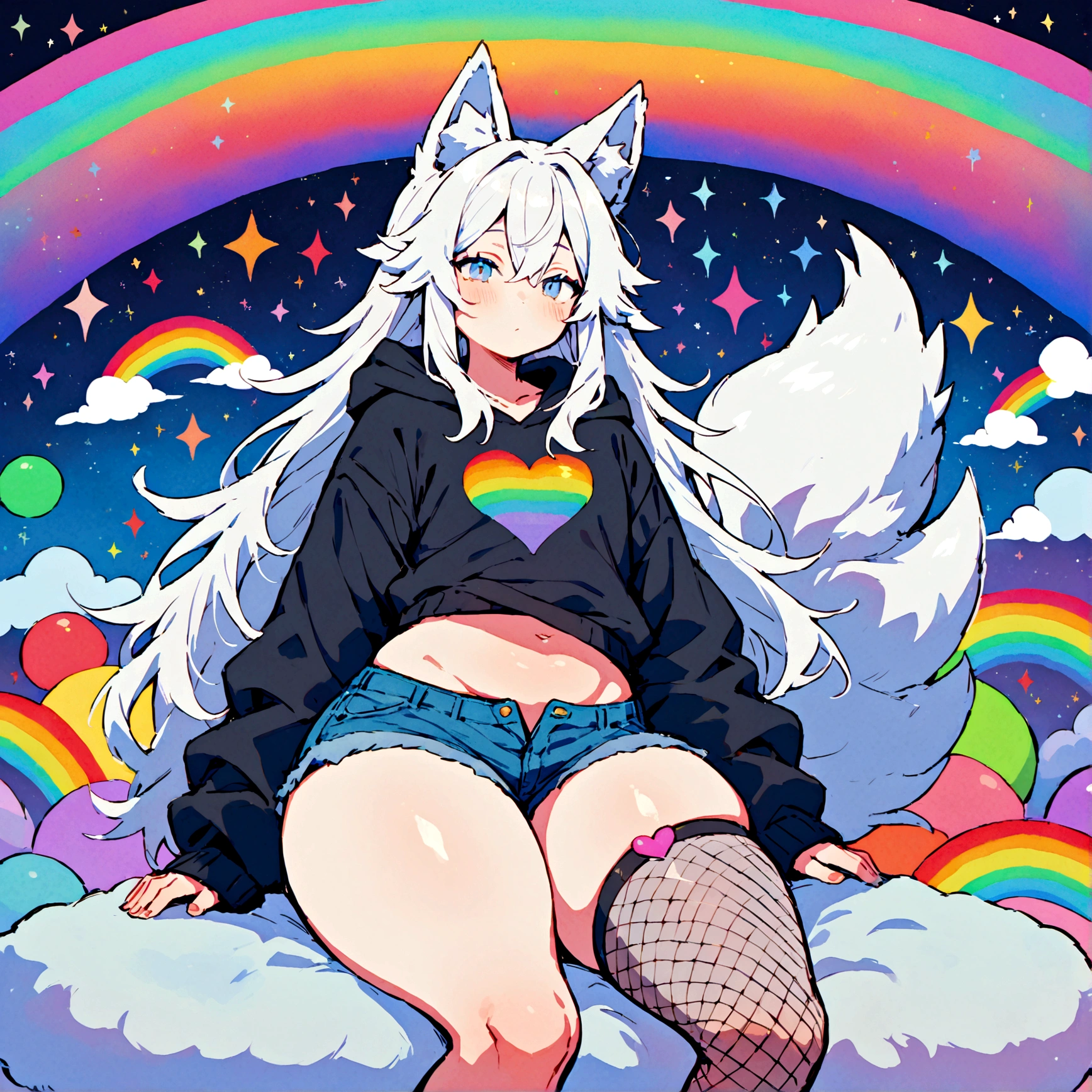 a cute adult male with wolf ears, long white hair, long locks, has a wolf tail, wearing a loose cropped oversized black hoodie, wearing a pair of denim short shorts and fishnet stockings, thick thighs, wide hips, relaxing on mound of fluffy multi colored kawaii plushies, short, very slim, showing slender tummy, heart on hoodie, squishy thighs, has glowing blue eyes. alone, solo (ALONE)(SOLO), surrounded by rainbows, colorful galaxy backround
