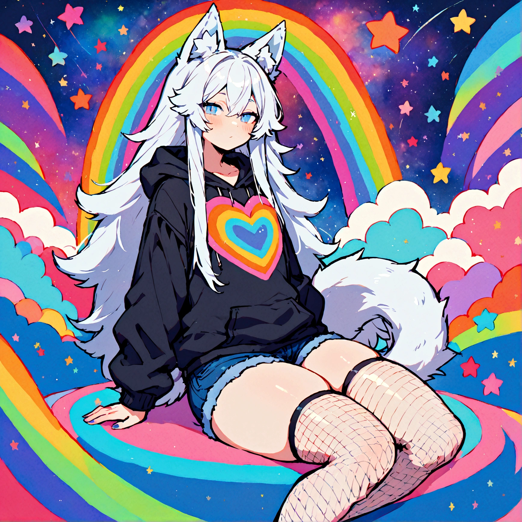 a cute adult male with wolf ears, long white hair, long locks, has a wolf tail, wearing a loose cropped oversized black hoodie, wearing a pair of denim short shorts and fishnet stockings, thick thighs, wide hips, relaxing on mound of fluffy multi colored kawaii plushies, short, very slim, showing slender tummy, heart on hoodie, squishy thighs, has glowing blue eyes. alone, solo (ALONE)(SOLO), surrounded by rainbows, colorful galaxy backround