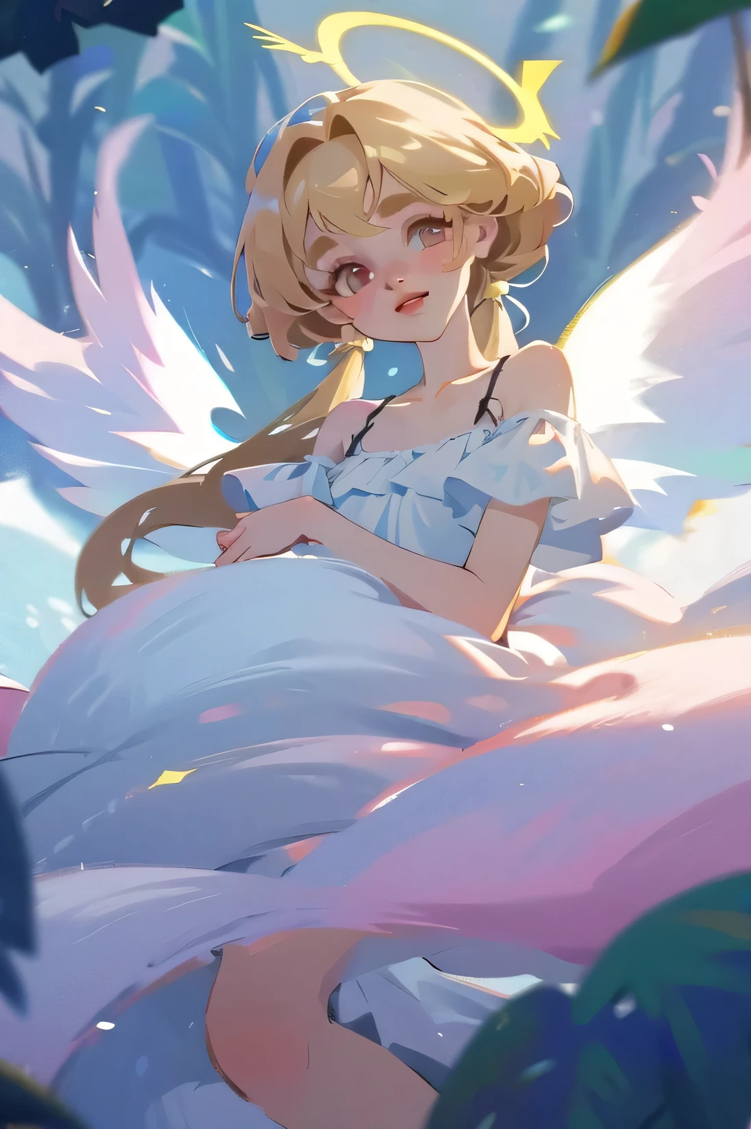 (High quality) (best quality) (A woman) (correct physiognomy) (best quality, 4k, 8K, high resolution, masterpiece: 1.2) woman, Extremely beautiful, Around 20 years old, long blonde hair with bangs on the back front, four small angel wings emerge from her head, two on the left side and two on the right side, two angel wings coming out of her back, a golden halo behind her head, golden eyes, sensitive lips, middle age, white dress with straps on the shoulders, skirt cut diagonally leaving one leg exposed, soft facial features, fine eyebrows, soft skin, slightly rosy cheeks, pink lips, silky eyelashes, dreamy expression, photo location the woman must be in the middle of the forest, photo illuminated by sunlight, full body proportion, showing in the photo the body from head to torso