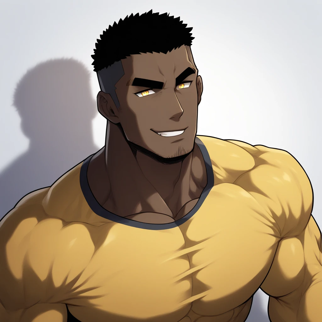 negro, negro, negro, anime characters：Gyee, Muscle Sports Student, negro black skin, Very Black,1 muscular tough guy, Manliness, male focus, Dark grey and Yellow long sleeve tights, Very tight, The pectoral muscles are oversized, Slightly transparent, muscular male, muscular, only, Upper body, alone, Black short hair, Thick eyebrows, stubble, Yellow eyes, White background, simple background, amazing quality, best aesthetics, Ridiculous, bright pupils, crew cut, parted lips, seductive smile, torogao, naughty face, drop shadow, best quality