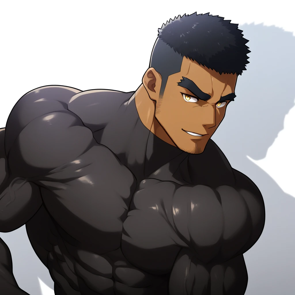 negro, negro, negro, anime characters：Gyee, Muscle Sports Student, negro black skin, Very Black,1 muscular tough guy, Manliness, male focus, Dark grey and Yellow long sleeve tights, Very tight, The pectoral muscles are oversized, Slightly transparent, muscular male, muscular, only, Upper body, alone, Black short hair, Thick eyebrows, stubble, Yellow eyes, White background, simple background, amazing quality, best aesthetics, Ridiculous, bright pupils, crew cut, parted lips, seductive smile, torogao, naughty face, drop shadow, best quality