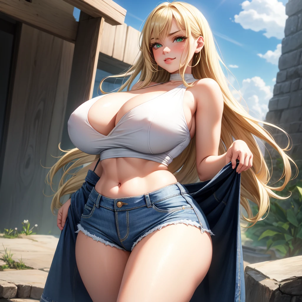 One girl, solo, Big round breasts, clevage, curvy body, realistic, blonde hair, light green eyes, amazing big eyes, eye details, eyebrow details, white crop top, denim skirt, big lips, blush, confident, dominant, bdsm, smirk, naughty, mischevious face, HD, good quality, crop top, curvy, standing up, lounge area