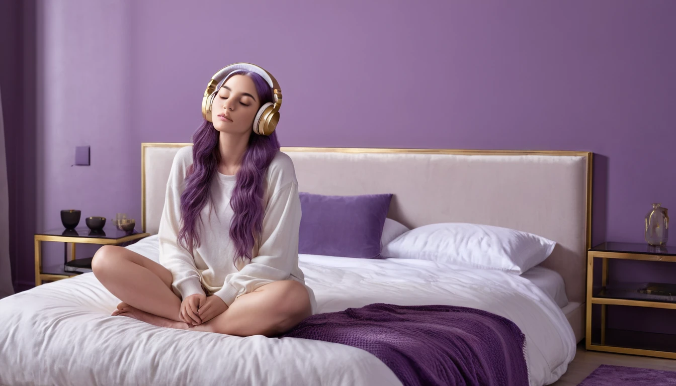 8k, digital image, hdr, sitting sideways, in the bedroom, dark lilac room, windows, a beautiful woman, 26 years old, sitting on the bed sideways, very beautiful, eyes closed, long purple hair, with blutouth headphones, headphones by ear, ivory column with gold, picture on the wall written ""Calm the Mind"