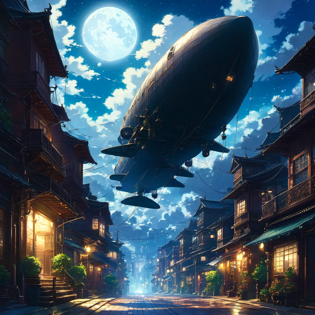 airship, null, cloud, 夜null, star, moon, Streetscape, Light, Shadow, silhouette, dream, magic, Fantasy, adventure, Journey, free, hope, Romance, Nostalgic, antique, Retro, steampunk ,beautiful Anime Scenery, Landscape painting, Beautiful digital painting, Andreas Rocha, Beautiful artwork illustration, Awesome Wallpapers, Raymond Han, Tall beautiful paintings, Studio Greeble Makoto Shinkai, Beautiful Wallpapers, Anime Scenery
