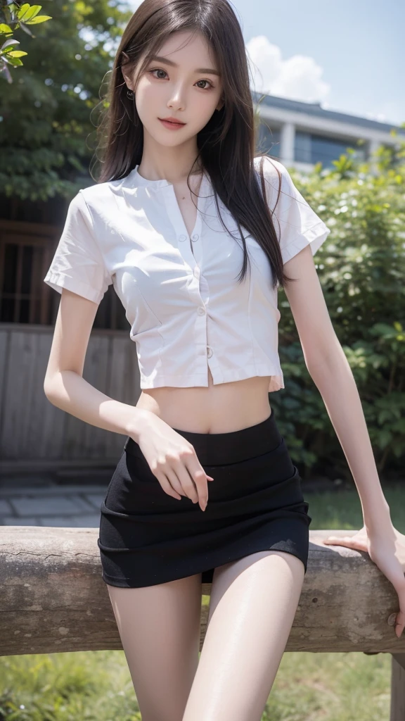 RAW, masterpiece, best quality, extremely detailed, 8k, HDR, photorealistic, intricate, (A skinny Korean girl), (straight hair), (extremely-slim body), (narrow and small hips:1.3), (extremely-white pale-porcelain skin), smile, standing, outdoors, wearing a (short sleeves shirt that is fully opened revealing bra) and (black extremely-short microskirt:1.4), (close-up picture) 