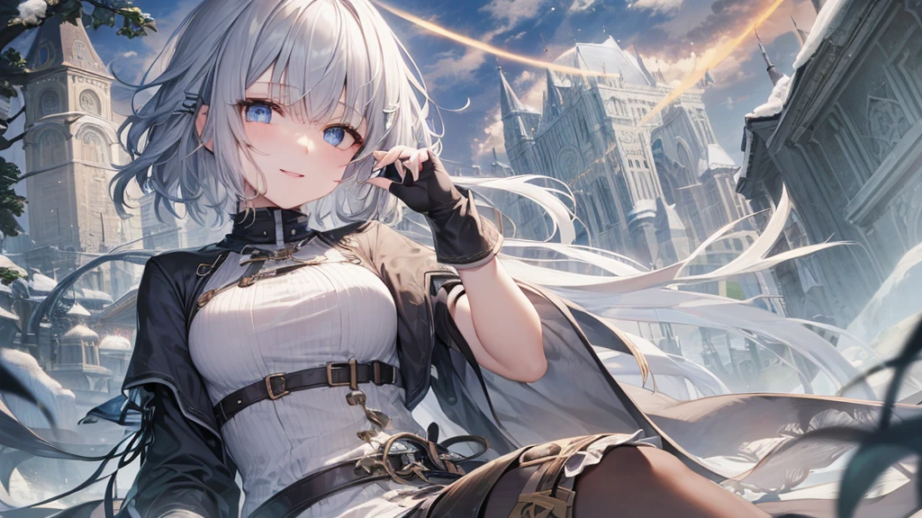 Her eyes were shining、Mysterious and enchanting atmosphere。With AI Painting、とてもShort Hair, Long bangs between the eyes, Grey Eyes , Very detailed,(masterpiece、Highest quality)、alone、Gray Hair、Fantasy, Silver Hair, Beautiful Eyes,Ecstasy, charm, attract the audience, Fantasyな風景、White shirt、smile、Open your mouth、Scarf、short hair、Short Hair、hairpin、Dark Eyes