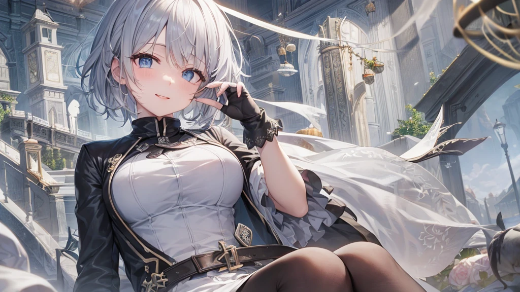 Her eyes were shining、Mysterious and enchanting atmosphere。With AI Painting、とてもShort Hair, Long bangs between the eyes, Grey Eyes , Very detailed,(masterpiece、Highest quality)、alone、Gray Hair、Fantasy, Silver Hair, Beautiful Eyes,Ecstasy, charm, attract the audience, Fantasyな風景、White shirt、smile、Open your mouth、Scarf、short hair、Short Hair、hairpin、Dark Eyes