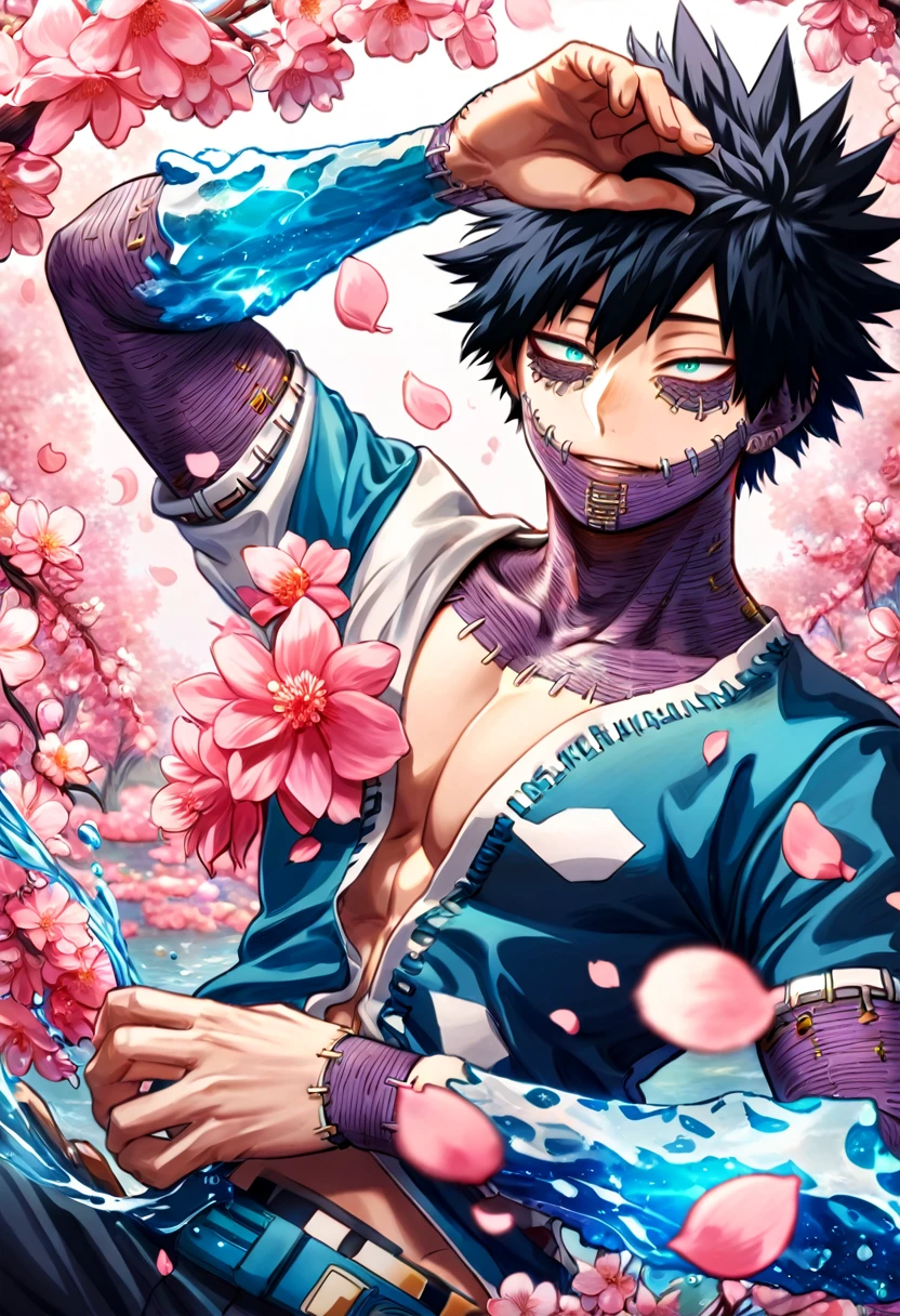 absurdres, highres, ultra detailed, HDR, master piece, best quality, Dabi, black hair spiked around his head, expressive turquoise eyes, boku no hero academia, solo, y man, handsome, white tattered clothes, magical, fantasy, shining, pink flowers, pink blossoms, pink butlies, pink petals, water