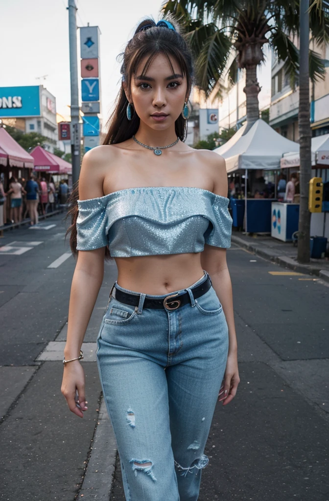 “Create an HD Ultra Realistic image of Young Attractive Asian Woman Sophie Tan posing for a Y2K fashion shoot. Sophie is dressed in a glittery blue off-shoulder top and low-rise denim jeans with rhinestone embellishments, accessorized with neon green platform sandals and a silver chain belt. She stands in a vibrant outdoor festival scene with colorful tents and neon lights. Capture this scene using a professional camera with a 35mm lens, emphasizing Sophie’s relaxed pose and the sparkling textures of her outfit (1.3). The festival background should be blurred to focus on Sophie, with post-production enhancing the neon glow, adding a vignette effect, and using a warm color filter to achieve a lively, Y2K aesthetic (1.4).”