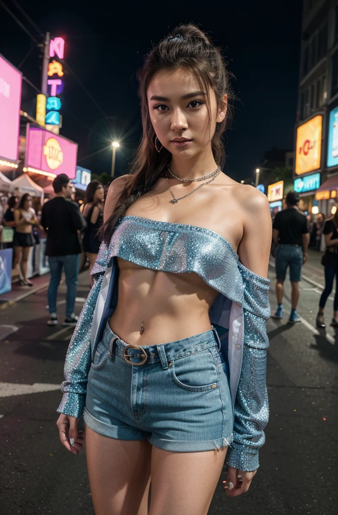 “Create an HD Ultra Realistic image of Young Attractive Asian Woman Sophie Tan posing for a Y2K fashion shoot. Sophie is dressed in a glittery blue off-shoulder top and low-rise denim jeans with rhinestone embellishments, accessorized with neon green platform sandals and a silver chain belt. She stands in a vibrant outdoor festival scene with colorful tents and neon lights. Capture this scene using a professional camera with a 35mm lens, emphasizing Sophie’s relaxed pose and the sparkling textures of her outfit (1.3). The festival background should be blurred to focus on Sophie, with post-production enhancing the neon glow, adding a vignette effect, and using a warm color filter to achieve a lively, Y2K aesthetic (1.4).”