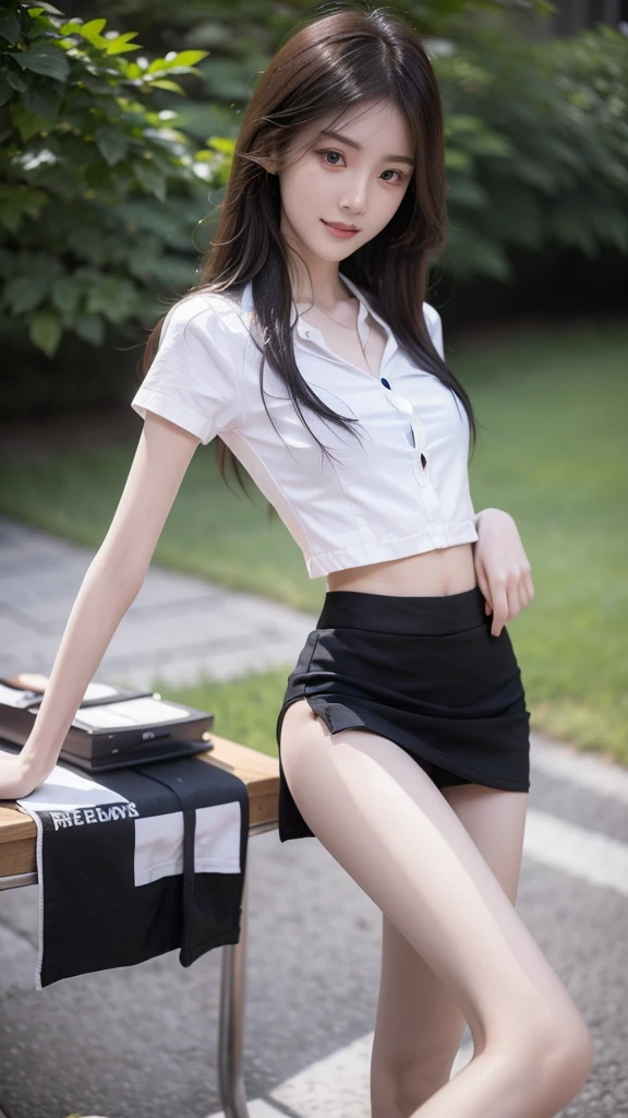 RAW, masterpiece, best quality, extremely detailed, 8k, HDR, photorealistic, intricate, (A skinny Korean girl), (straight hair), (extremely-slim body), (narrow and small hips:1.3), (extremely-white pale-porcelain skin), smile, standing, outdoors, wearing a (short sleeves shirt that is fully opened revealing bra) and (black extremely-short microskirt:1.4), (close-up picture)