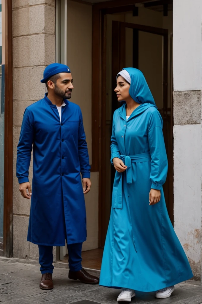Gente vestida de azul levantando un asno