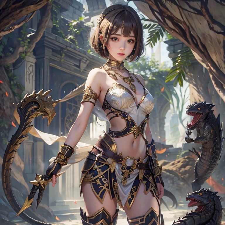 Woman in ancient battle attire、Serious expression、Short-haired、Deadly position, Gorgeous Necklace, scale skin:1.5, Enchanting anime girl, Beautiful and seductive woman, Realistic and perfect body, , Perfect body with realistic shadows, Reptile Eyes：1.5