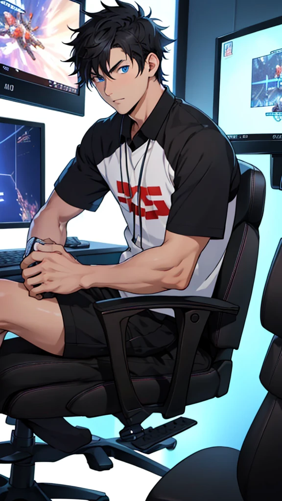 Best quality: 1.0), (Super High Resolution: 1.0), Anime boy, short black hair, blue eyes, sitting in front of computer playing games, background in esports room,