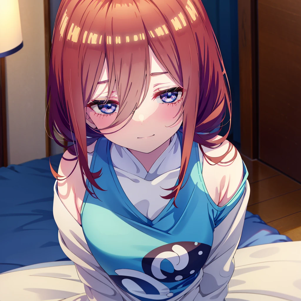 Mikunakano, miku nakano, Long Hair, bangs, blue eyes, Brown Hair, shirt, Hair between the eyes,smile,Open your mouth, Messy Hair,オーバサイズtshirt,One Shoulder,Black string underwear,barefoot,Sitting on the bed,sleepy,Squinting,morning,morning陽,The sun is rising,Building district,whole bodyがイラストに入るように,
break indoors, Bedroom,
break looking at viewer, whole body,(Cowboy Shot:1. 5) ,
break (masterpiece:1.2), Highest quality, High resolution, unity 8k wallpaper, (figure:0.8), (Beautiful attention to detail:1.6), Highly detailed face, Perfect lighting, Highly detailed CG, (Perfect hands, Perfect Anatomy),