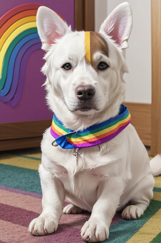 White anthropomorphic dog with rainbow stripes on ears and rainbow stripes on cheeks and tail