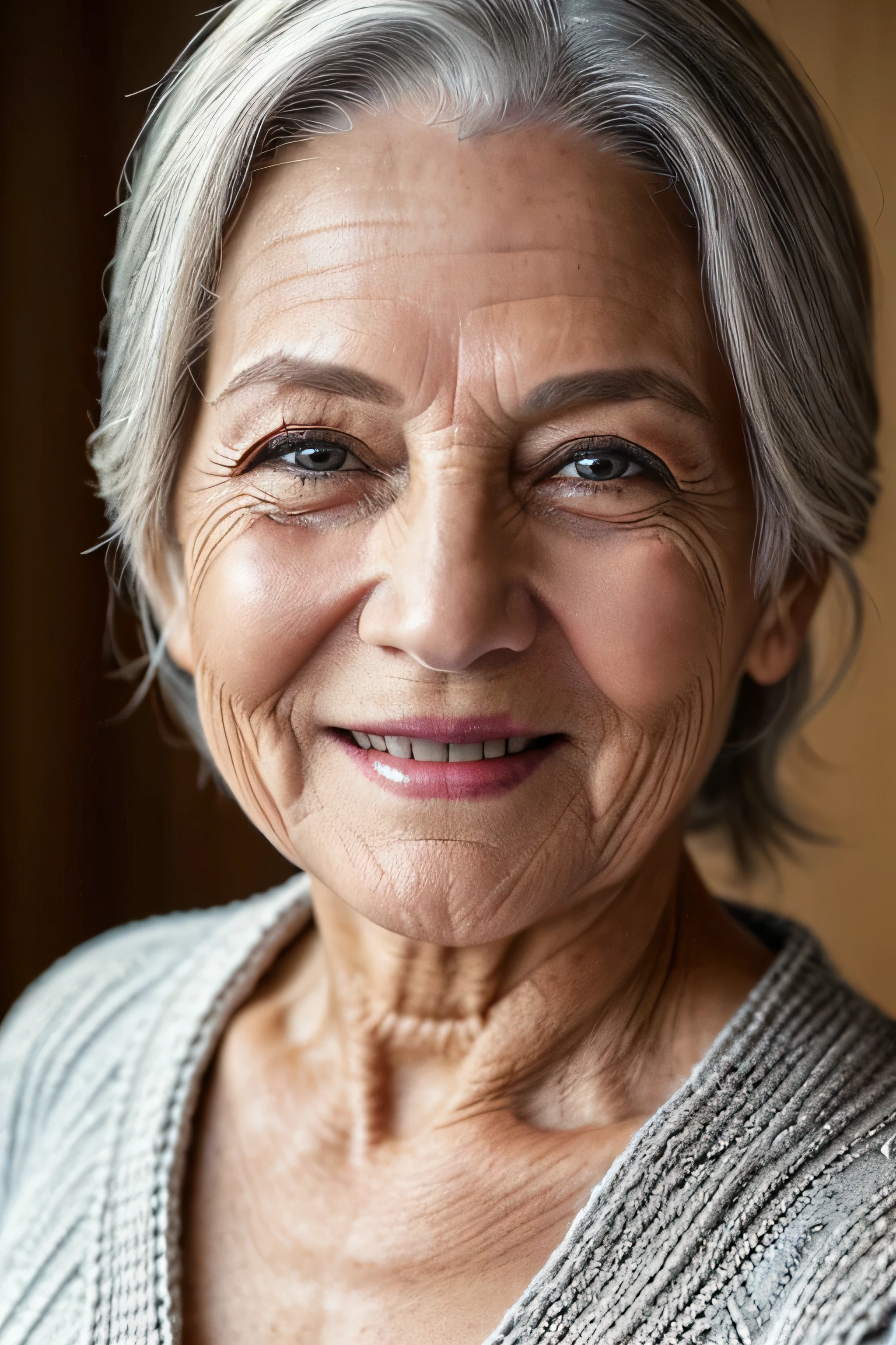 (((realistic,masterpiece))),(65 years old:1.4),silver hair,(there are many wrinkles on her face:1.3),old woman,((one-piece knit)),smile,