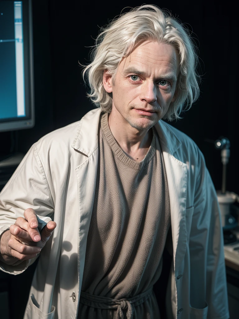 Dr. Emmett Brown, Doc Brown is known for his eccentric nature, infectious enthusiasm, and fast speech. He is extremely passionate about science and innovation, often demonstrating an almost childlike approach in his curiosity and excitement for the unknown. Doc is easily recognizable by his shaggy white hair and lab coat. He often wears practical, utilitarian clothing suited to his scientific adventures.