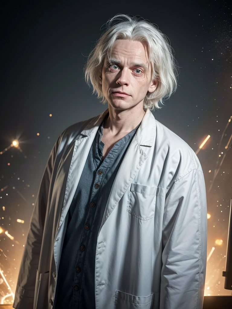 Dr. Emmett Brown, Doc Brown is known for his eccentric nature, infectious enthusiasm, and fast speech. He is extremely passionate about science and innovation, often demonstrating an almost childlike approach in his curiosity and excitement for the unknown. Doc is easily recognizable by his shaggy white hair and lab coat. He often wears practical, utilitarian clothing suited to his scientific adventures.