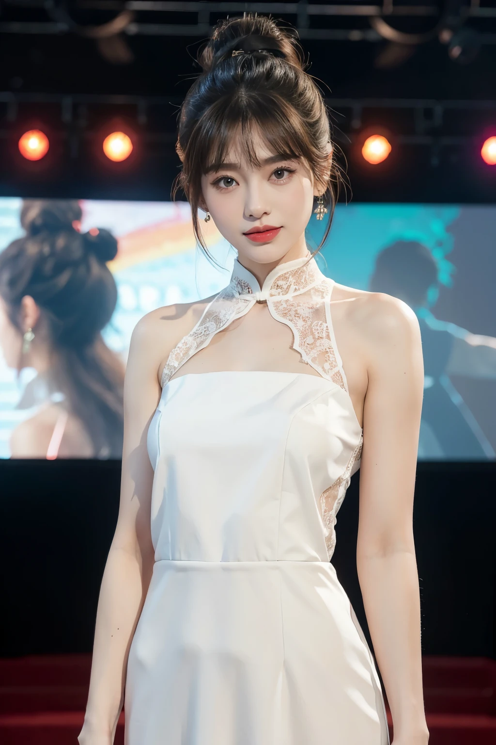 1girl,bangs,bare arms,collar,maxi white lace cheongsam,detailed background,detailed eyes,brown hair,earrings,upper body,jewelry,slim,flat chest,ponytail,looking at viewer,makeup,night scene,red lips,signature,laughing,solo,standing,On the T-stage,catwalk,fashion show,Surrounded by crowded crowds on both sides of the stage,neon lights