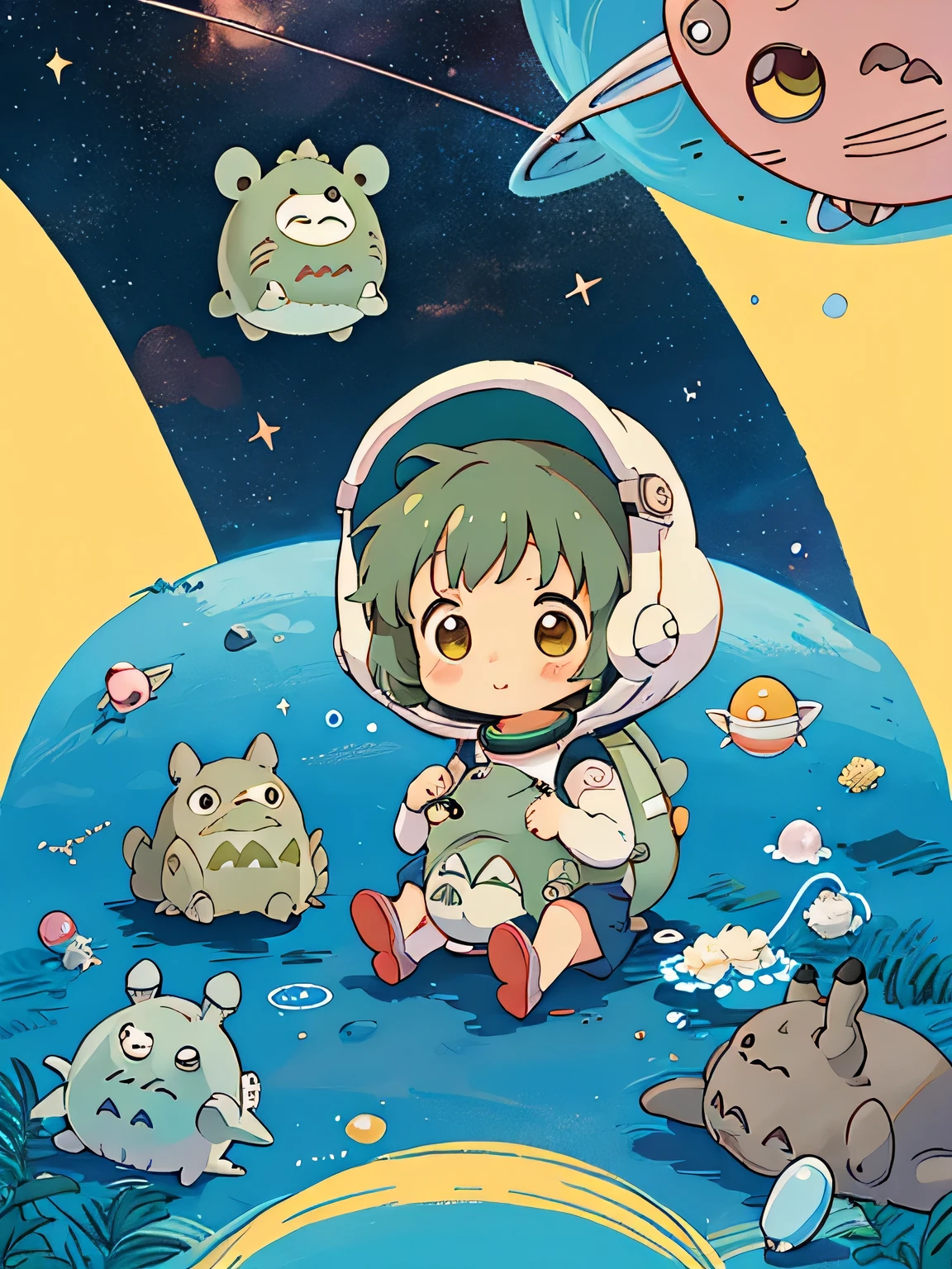 Hayao Miyazaki style、Kawaii Design, most beautiful girl ever、Chibi, (((Space Explorers)))、Spaceship, Pikachu, (((Totoro))), Lunar Surface, Colorful and cute pillbugs, Cute Fairy, Adorable Alien, Makkurokurosuke