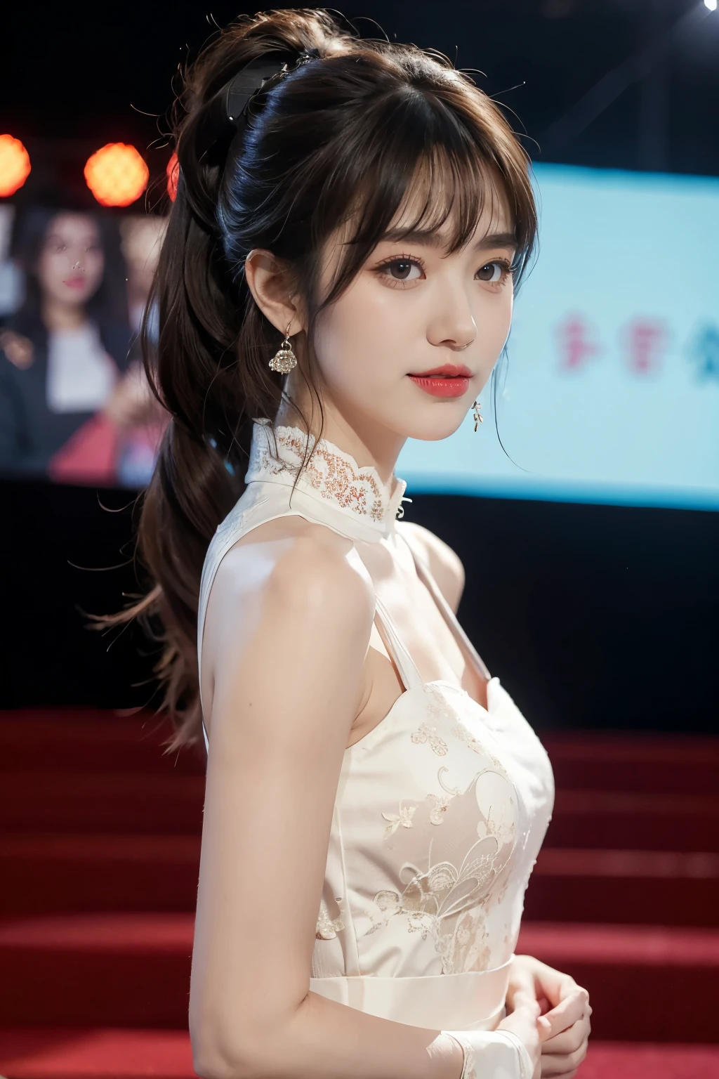 1girl,bangs,bare arms,collar,maxi white lace cheongsam,detailed background,detailed eyes,brown hair,earrings,upper body,jewelry,slim,flat chest,ponytail,looking at viewer,makeup,night scene,red lips,signature,laughing,solo,standing,On the T-stage,catwalk,fashion show,Surrounded by crowded crowds on both sides of the stage,neon lights