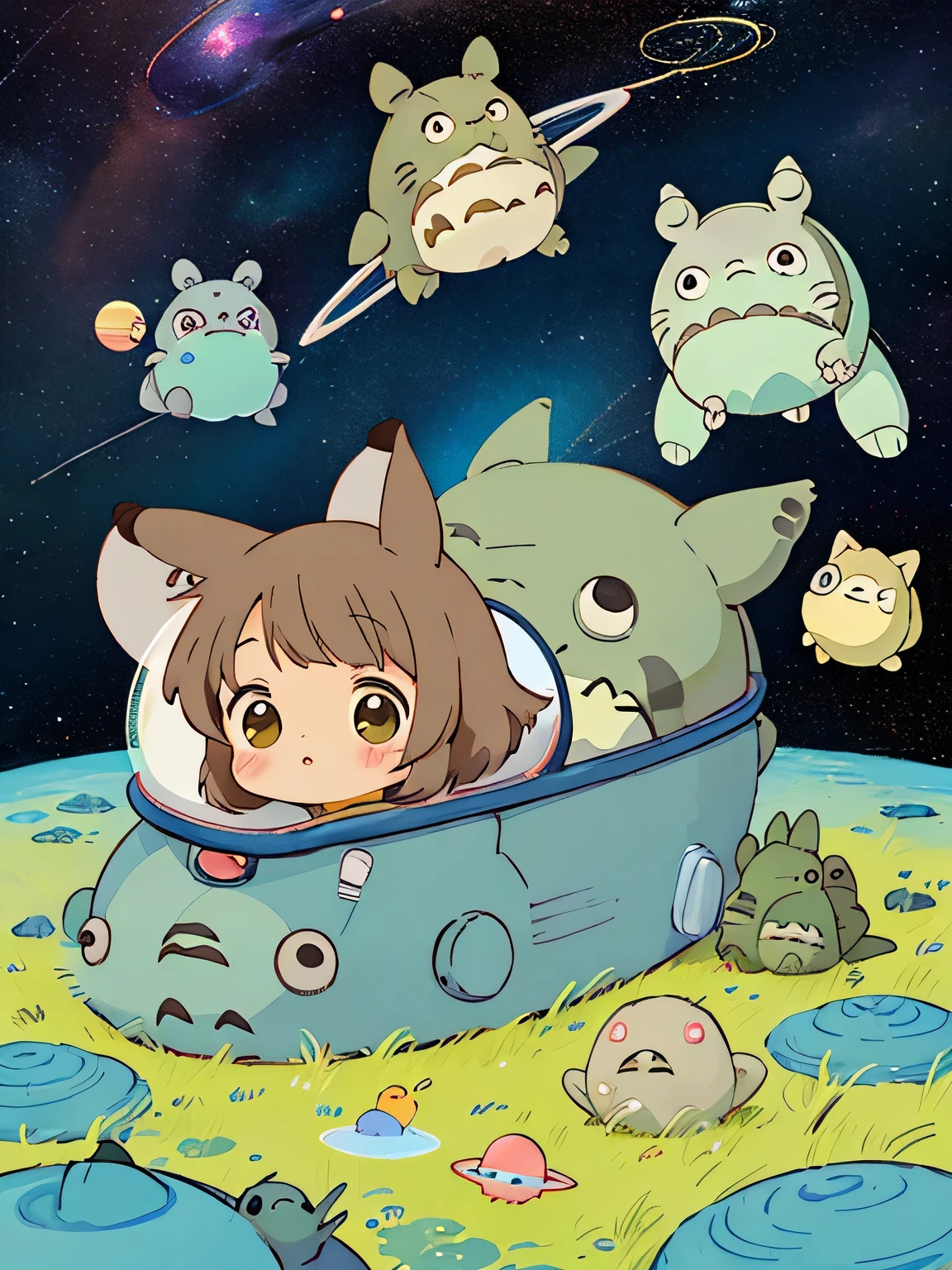 Hayao Miyazaki style、Kawaii Design, most beautiful girl ever、Chibi, (((Space Explorers)))、Spaceship, Pikachu, (((Totoro))), Lunar Surface, Colorful and cute pillbugs, Cute Fairy, Adorable Alien, Makkurokurosuke