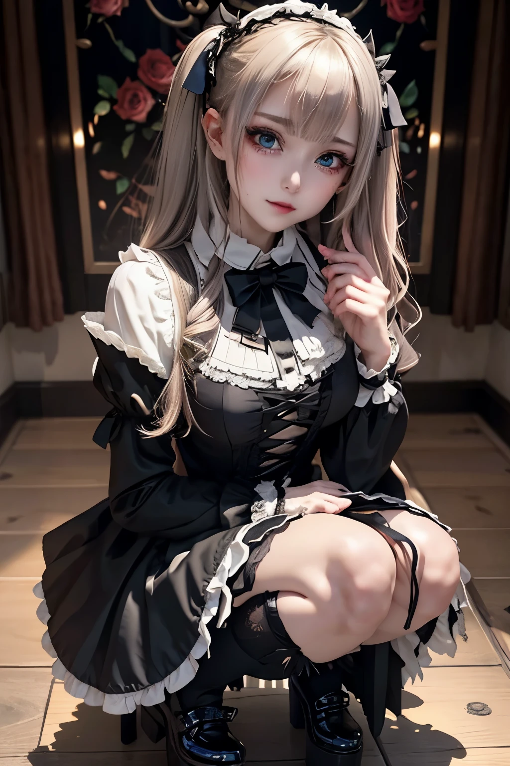 Hard Dark Gothic Makeup、Black dark eyeshadow、sad、Good skin radiance、Dark Gothicメイク、Dark smile、palace、The beauty of fragrance、24-years-old、Expression of intense sexual pleasure、Embarrassed look、Dark Gothic、Highest quality、Expression of sexual pleasure amid suffering、Drunk face、紫のMaid clothes、Mysterious、Noble、The face of someone holding it in the toilet、sexy、Loving smile、Twin tail hair、Right blue eye, Left eye is red、Super tempting pose、Platform Heel Shoes、Heavy makeup、Gothic Lolita clothes、Silver Hair、Long Hair Straight Hair、Cute Gothic Lolita Dress、Beautiful Face、elegant features、Attractive face、Stained glass is the background、Chest glistening with sweat、The room is dark、goth long dress、Bell Sleeves、Wizard Sleeve、Decadent look、Sexually excited expression、Glossy thighs wet with water、Thighs that are wet and shiny with oil、Background of a room full of roses、sad expression、Rose Maiden、The embroidery is pink、The dress has pink embroidery.、Thigh-high socks、Knee-high socks、Gentle expression、Dark black eyeshadow、Stained glass and rose background、thighs are a little thin、Female Duo、Female couple、dark church background、Stained glass、Black metal world、Dark Castle、Dark Room、Slender body、gothic long dress、Victorian dress、Her thighs are shining with sweat、My body is wet and shiny、Lots of glitter on the thighs、sweating、My thighs are sticky from sweating、Sweat glistening on my thighs, The whole body is sweaty and shiny、I sweated a lot.、My thighs are sweaty、My thighs are wet、My thighs are shining with sweat、A lot of sweat glistening all over the body、Small breasts、upright、Are standing、Hold the wine in your right hand、Hold the lantern in your left hand、pantyhose、Dynamic Angle、