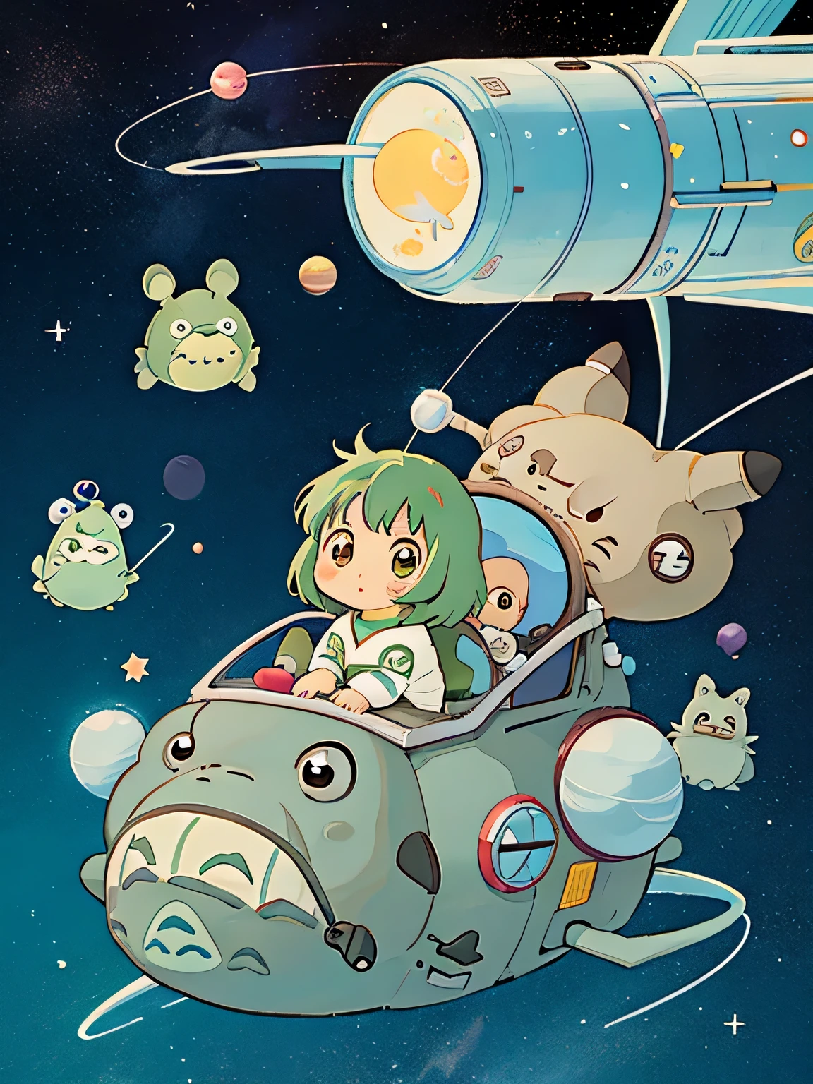 Hayao Miyazaki style、Kawaii Design, most beautiful girl ever、Chibi, (((Space Explorers)))、Spaceship, Pikachu, (((Totoro))), Lunar Surface, Colorful and cute pillbugs, Cute Fairy, Adorable Alien, Makkurokurosuke