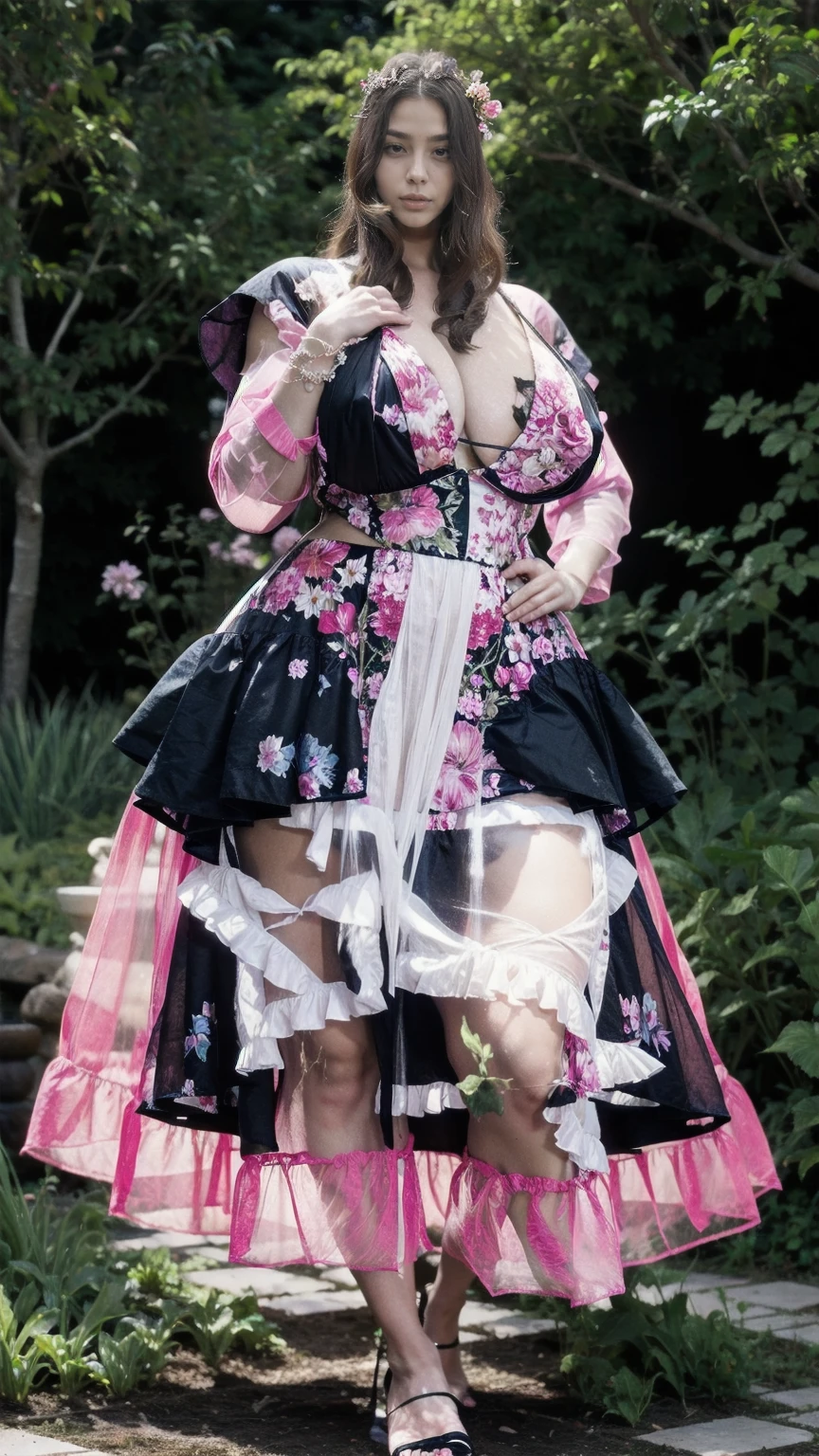 1 big woman in garden wearing transparent pink long frock