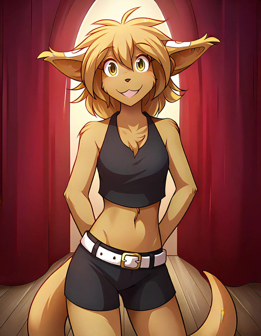 score_9, score_8_up, score_7_up, score_6_up, score_5_up, score_4_up, rating_explicit, source_furry, female, cute anthro female, cute face, forest, detailed background, looking at viewer, solo, solo focus,, (no nipples, no vagina:1.4), (digital pen line-art, soft lines, soft shading, pinup, cartoon, anime:1.2), Kagamine Rin, smile, happy, long tail, stage, midriff, white sleeveless top, yellow bow, short black shorts, belt, black detachable sleeves, tkmadelyn, basitin, yellow eyes, anthro
