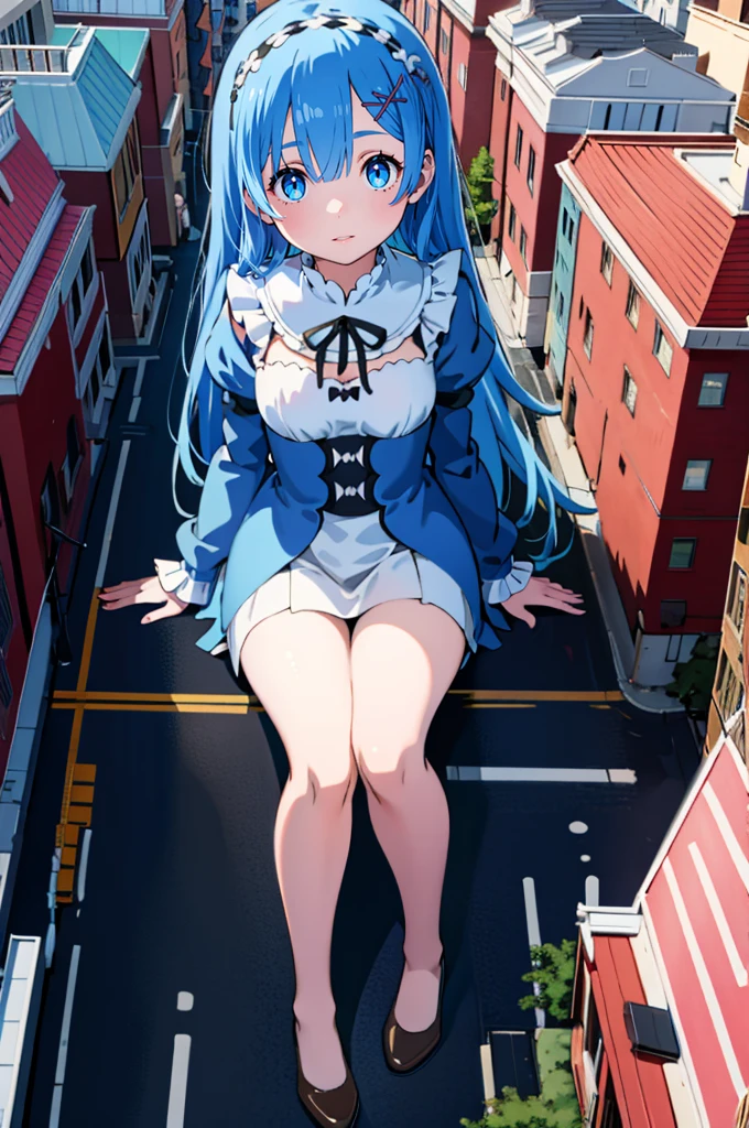 Rem from Re:Zero、(Realistic photos:0.0), (Ultra-realistic:1.0), (masterpiece:0.0), (Highest quality:1.3), Intricate details, Super detailed, Sharp focus, Full Color, (Depth of written boundary:1.0), (Ultra-fine illustration:1.0), (Natural light, Dawn:1.0),
(One girl), (College years:1.0), (Enchanting anime girl), The body is slim, A girl taller than a building, Casual clothing, Super detailed Face, (Detailed lips:0.7), (Sitting in a building:1.0), city, GTS , Giant , (Full Body Shot:1.2),