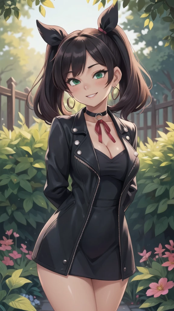 (masterpiece, best quality, glowing light, ultra detailed, detailed background, complex background), (perfect face, detailed face), (mature female, milf:1.4), full-face blush, thighs, parted lips, smile, thick thighs, half-closed eyes, marnie, 1girl, asymmetrical bangs, solo, twintails, looking at viewer, ribbon, hair ribbon, choker, jewelry, red ribbon, earrings, black choker, dress, jacket, black jacket, pink dress, medium hair, long sleeves, open clothes, open jacket, green eyes (outdoors, garden, thighs, arms behind back)