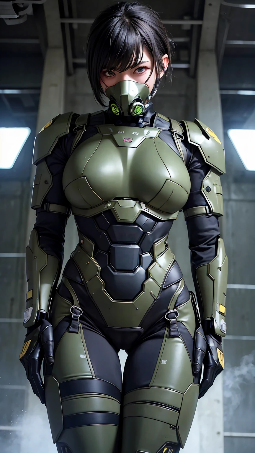 最high quality非常に詳細, Advanced Details, high quality, 最high quality, High resolution, 1080p, hard disk, beautiful,(War Machine),(Snug-fitting headgear),See the big picture,beautifulサイボーグ女性,Dark Green Mecha Cyborg Girl,Battle Mode,Mecha Body Girl 8k dark green body armor girl Sweaty face Droopy eyes short hair Gas mask with extension nozzle boyish Steam coming out of my head My hair is wet with sweat Black Hair, Steam coming out of the mouth Lying in bed The skin under the face is not exposed Full body portrait I can see the vagina Whimpering Horror front