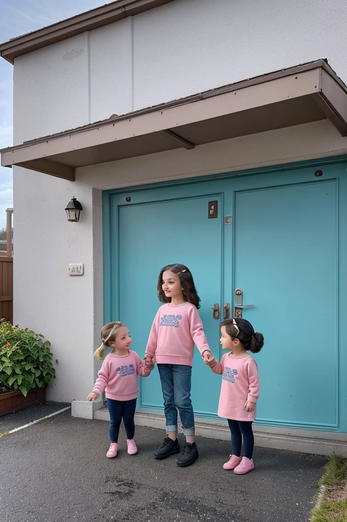 year: 2023. Location: Sweden. Pre-Raphaelite, two 3 and 7-year-old little girls, sister, tanned, brunette, (((holding a food container))), bringing a ((food tray)) to their neighbor house, looking inside, ((((casual ??? Clothing from the 2020s)))) ((Hairstyle of the 2020s)), pastel colors, (((cinematic style)))
