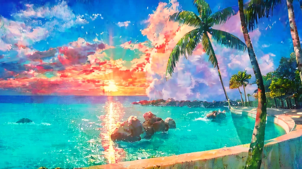 Anime Style,Ocean,Oceanのビーチ,Coconut Tree,Seagull,Baiyun,A small island in the distance