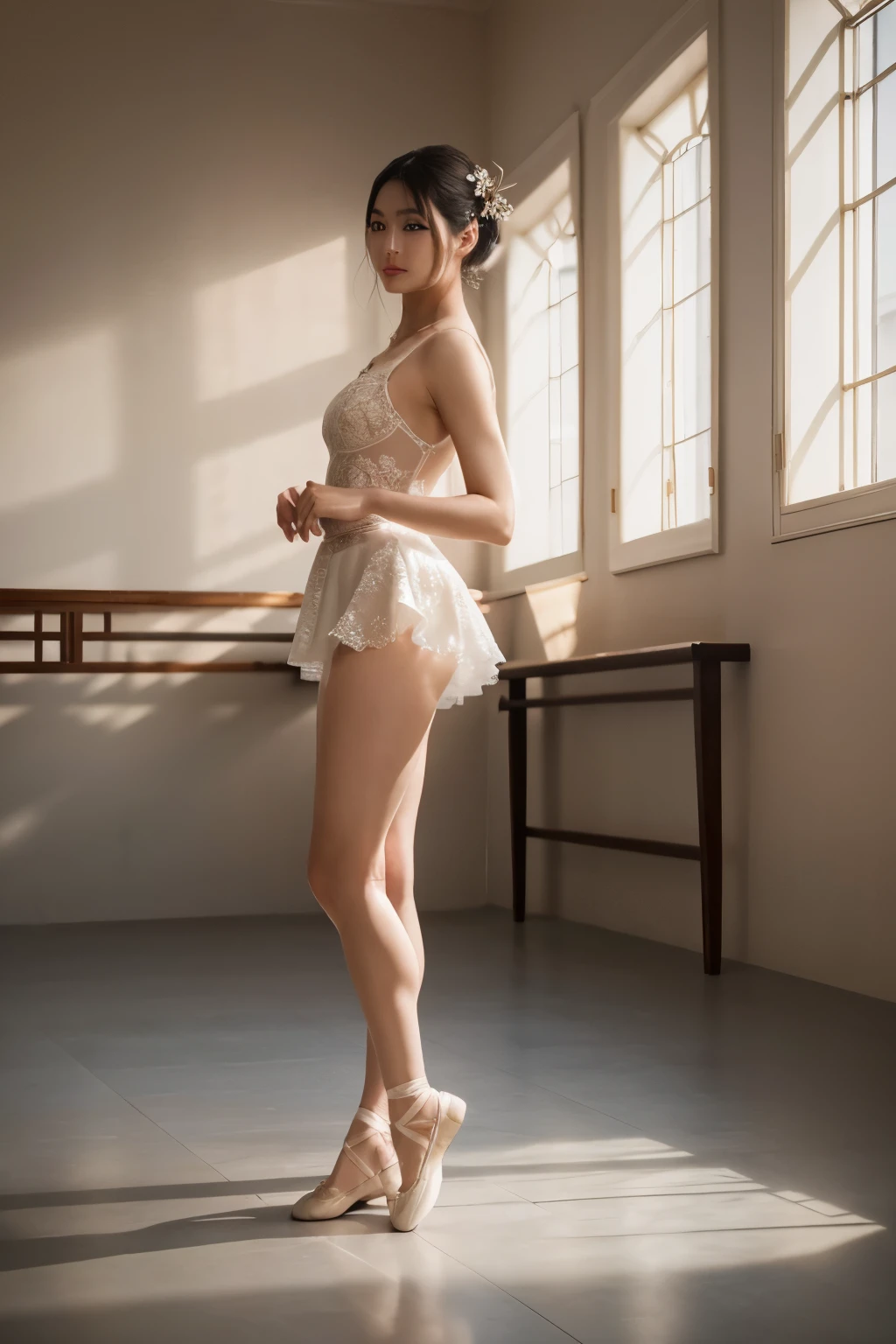 n elegant chinese lady is dancing ballet on a classical stage, wearing a clean white ballet lace skirt, the skirt flutters naturally, vintage, aestheticism, 1girl, solo, ,masterpiece, high quality, highres, absurdres, high details,8k,HDR,raw photo,realistic, bokeh, shallow depth of field, beautiful eyes, high detail eyes, beautiful face, high detail face, high detail skin, beautiful hands, beautiful fingers, beautiful eyelashes, (full body:1.8 ), dark and simple background, horizon, profile, raise head