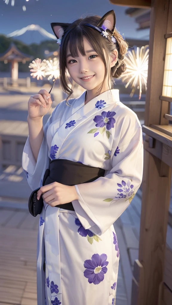 Masterpiece, 4k, Bokeh, beautiful face, (Japanese idle:1.6), BREAK
(wearing detailed yukata:1.5), (happy smile:1.35), (posing), (young hands:1.2),
BREAK,
((Beautiful fireworks in the night sky background)),
BREAK, (Cat ears:1.3),