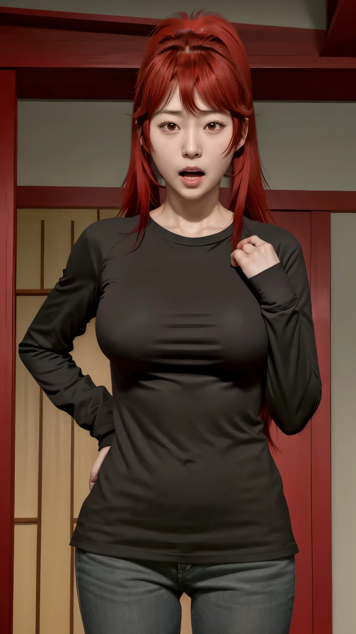 masterpiece,Aizawa Akemi, best quality, 1girl, solo, long hair, large breasts, looking at viewer, open mouth, bangs, shirt, long sleeves, red eyes, ponytail, sidelocks, red hair, indoors, medium hair, hand on hip, black shirt, high