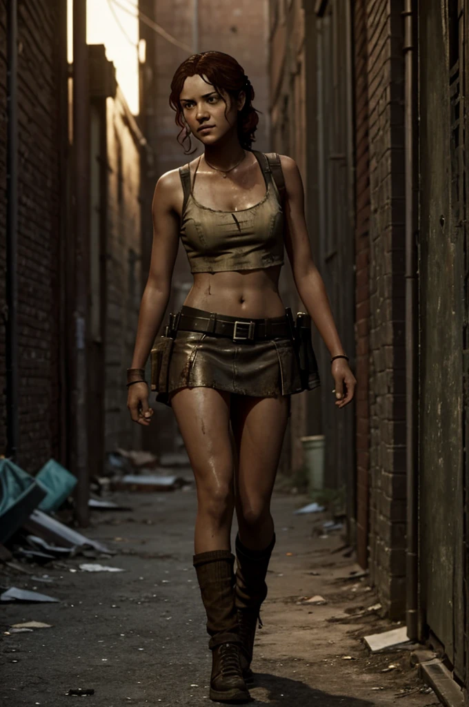 21 year old Clementine from Telltale Games the Walking Dead is a prostitute.   She is filthy and walking down a alleyway.   She is wearing a micro miniskirt and a croptop. 