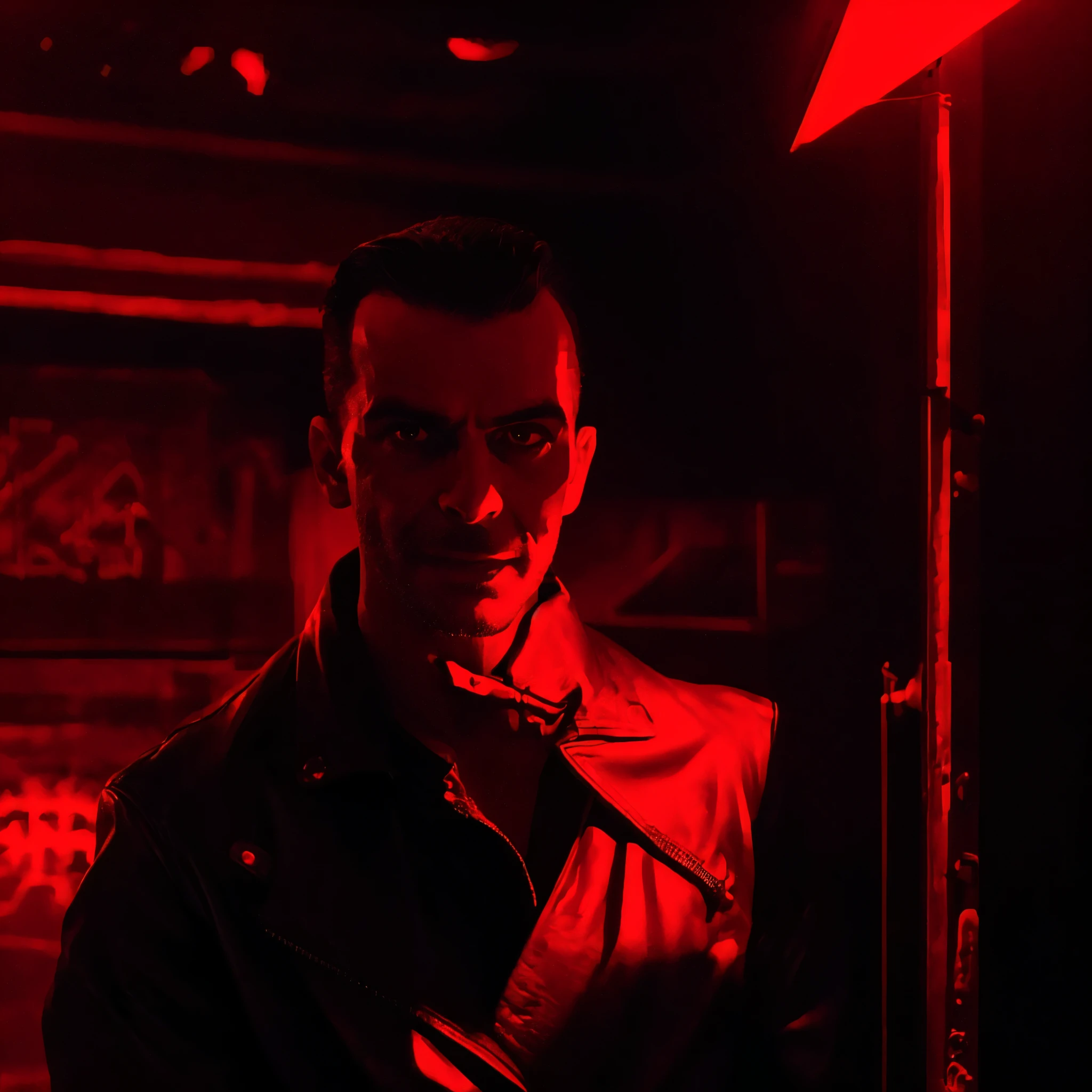 A serial killer with a sinister smile, 1980s nightclub in Brazil, neon lighting, blood-red color palette, dark shadows, ominous atmosphere, gripping tension, high contrast, chiaroscuro lighting, intense gaze, leather jacket, slicked-back hair, menacing presence, photo-realistic, 8k, masterpiece, cinematic, dramatic lighting