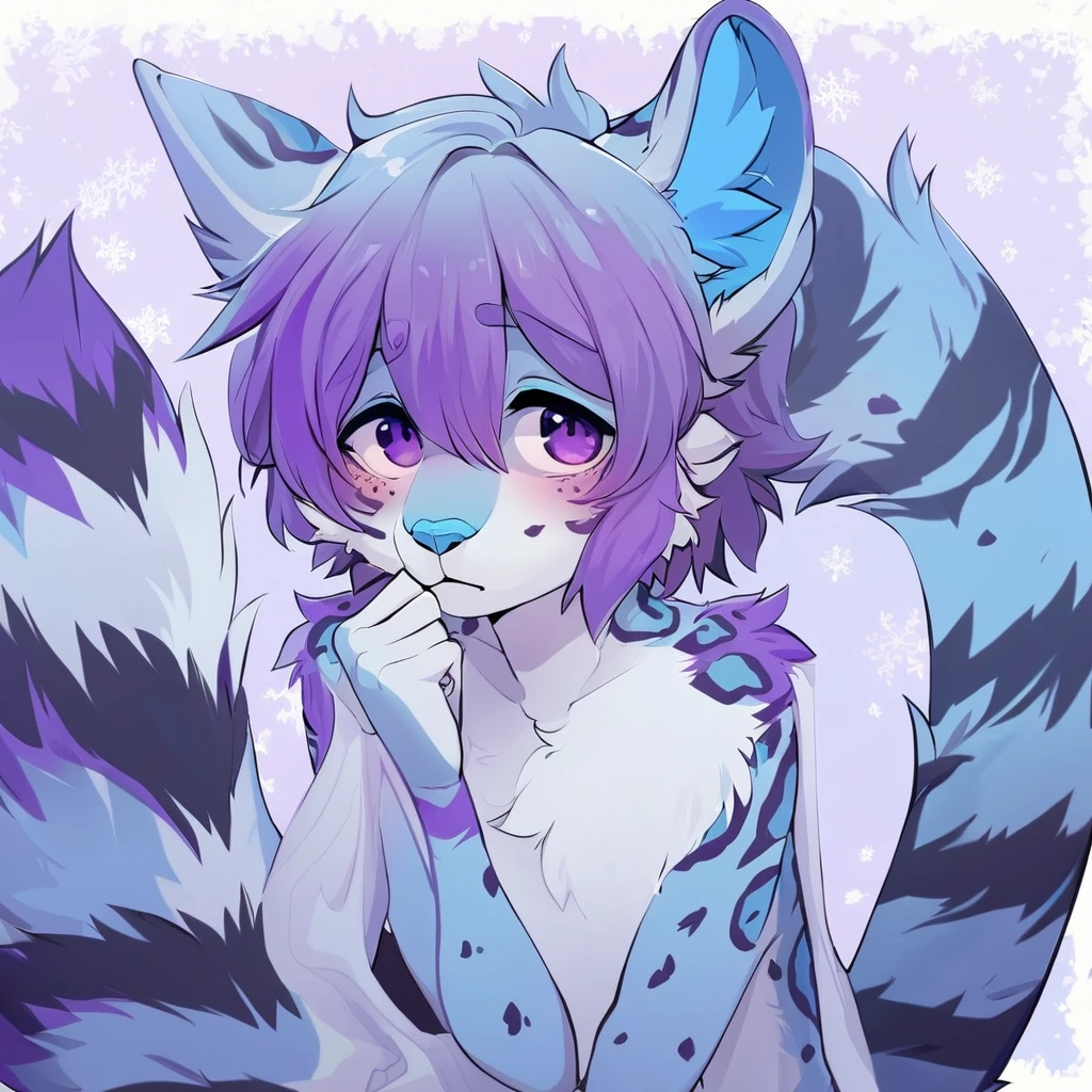 adult, feline, mammal, anthro, anthromorphic, snow, leopard, striped_feline, fur, furred_anthro, femboy, male, bangs, ear_tufts, blue_nose, paws, hair_tuft, hair_between_eyes, long_tail, fluffy, feline_ears, expressive_eyes, purple_hair, light looking_at_viewer, blue_fur, shy, small_pupils, spotted_pattern, stripes, tiger_stripes, digital_art, high_resolution, high_res, tealblue_background shy