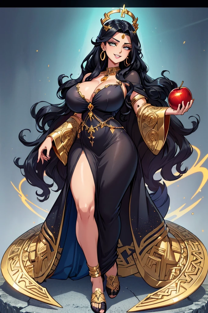 (masterpiece, best quality, high resolution, ((full body standing)), ((huge breasts))1 beautiful woman, Greek goddess Eris, very long wavy dark blue hair, black lips, golden eyes, goddess dress very sexy full body black fantasy greek, gold greek jewelry earrings and necklaces, evil smile, holding a golden apple in her right hand
