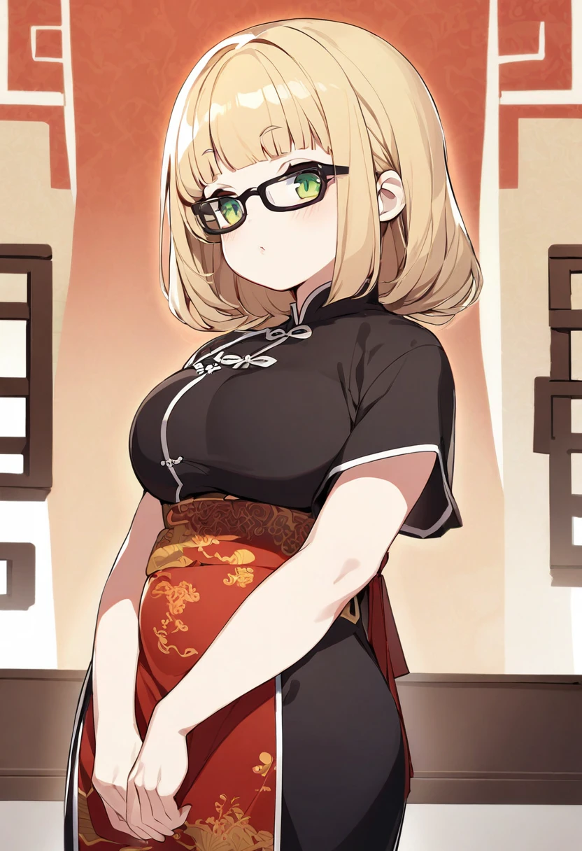 chubby girl, Blonde with green eyes, medium length hair, without bangs, black glasses with square frames Chinese clothing style, Ancient China
