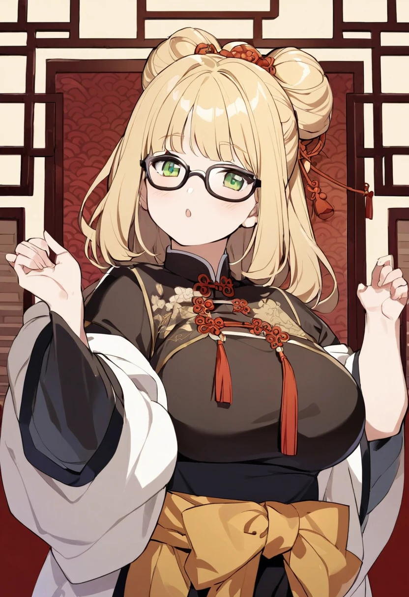 chubby girl, Blonde with green eyes, medium length hair, without bangs, black glasses with square frames Chinese clothing style, Ancient China 