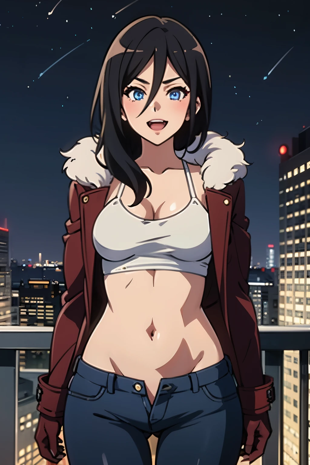 1girl, Asuka, black hair, long hair, medium breast, standing, hair between eyes, bangs, blue eyes, blush, lipstick, outdoors, rooftop, cityscape, building, railing, night, night sky, scenery, city lights, fur trim, mature female, gloves, fur-trimmed coat, masterpiece, best quality, highly detailed, a girls with a gun, evil smile , open mouth, sexy gaze, badass pose , evil smile, smile, guns blazing, anime girl with long hair, beautiful long haired girl, navel, evil expression, exposed belly, exposed navel, exposed midriff, exposed lower belly, long black pants, crop top, cleavage, unbuttoned leather pants ,open fly, low rise black leather pants, leather jacket, holding a gun,